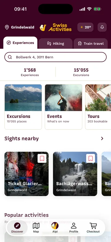 Swiss Activities app: home screen with nearby experiences